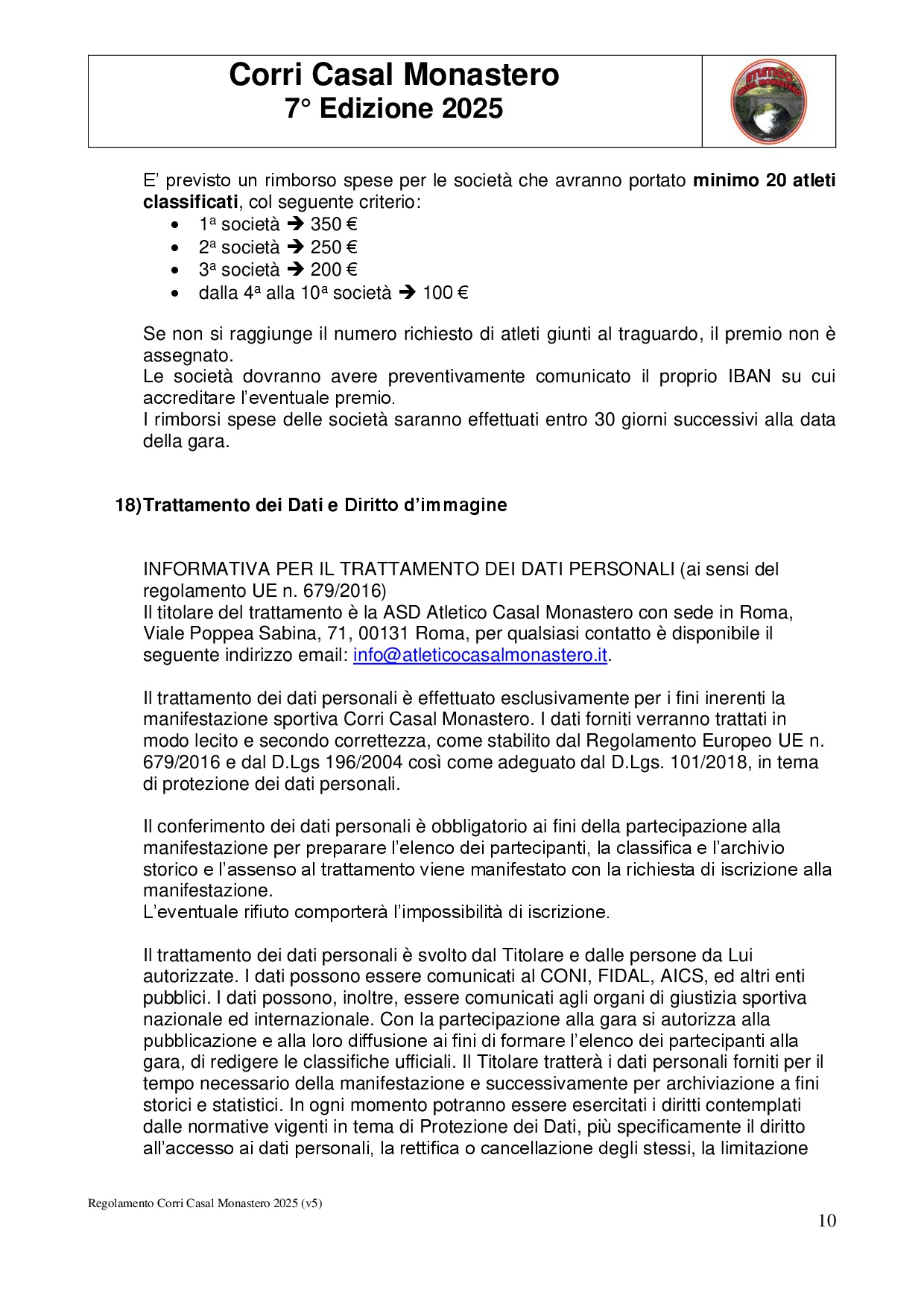 Regolamento Corri Casal Monastero - 2025